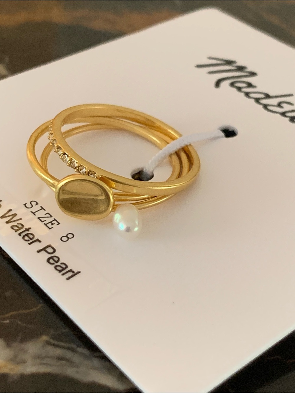 Madewell Sz 8 Gold Tone Stackable Ring Trio with Freshwater Pearl New